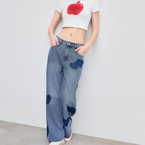 Mid Rise Heart Print Baggy Patterned Jeans Trousers - Picture 8 of 8